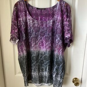 MAURICES: purple black short sleeve lace overlay blouse, 1X